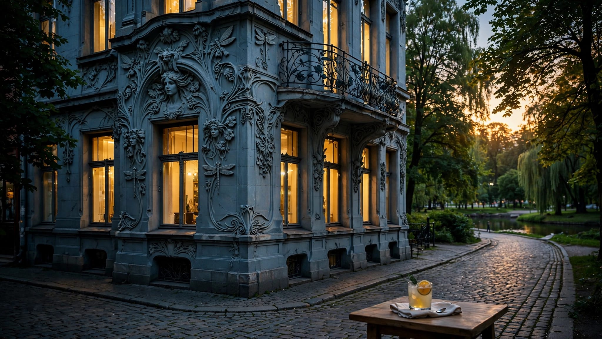 An ornate Riga building beside a cobblestone street and leafy canal park.