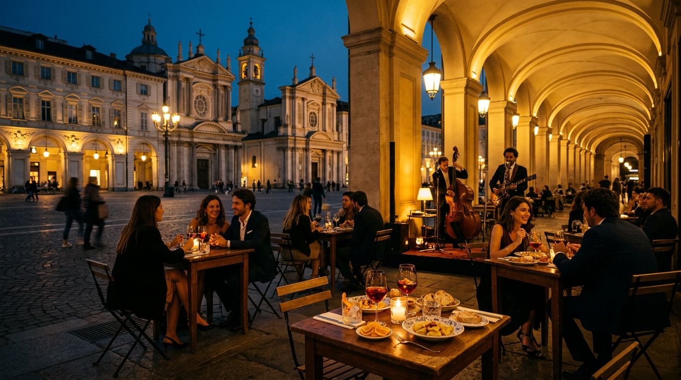 Café tables with vermouth and agnolotti sit before a jazz trio in Turin’s Piazza San Carlo.