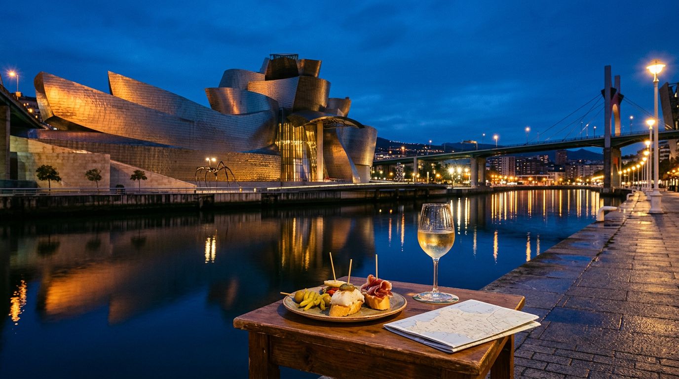 The Guggenheim Museum overlooks a river beside a table of pintxos and a txakoli glass.