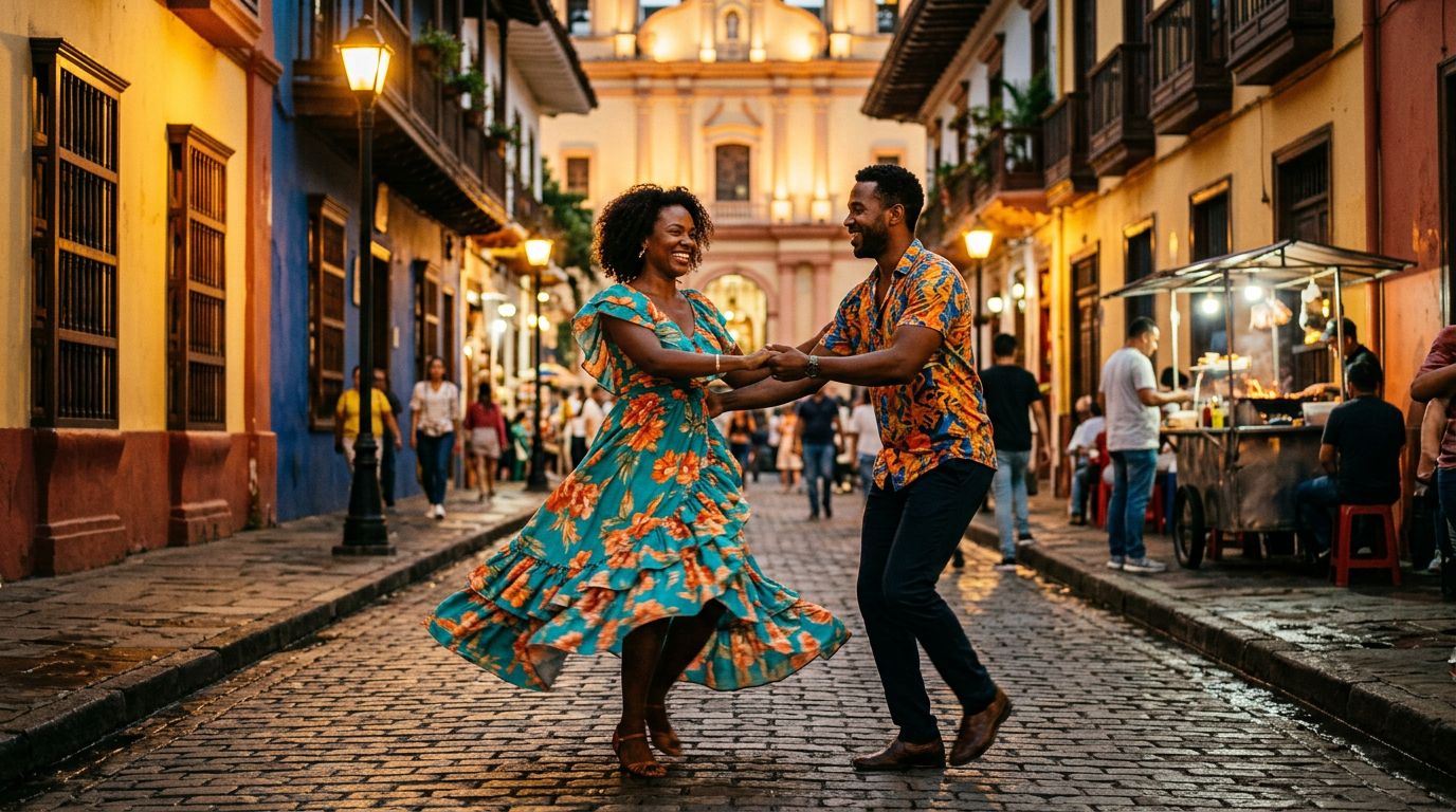 A salsa couple dances on a warmly lit colonial street in Cali, Colombia.