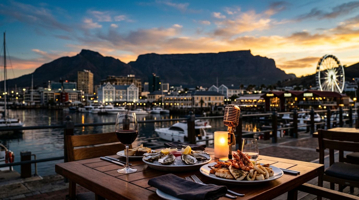 Wine, oysters, and seafood sit beside a glowing microphone at Cape Town’s waterfront.