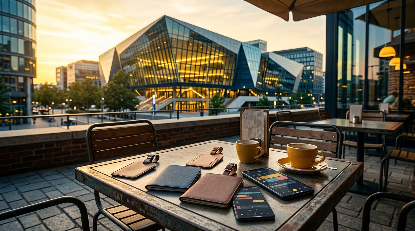 A convention center rises behind a cafe table with passports, luggage tags, phones, and coffee.