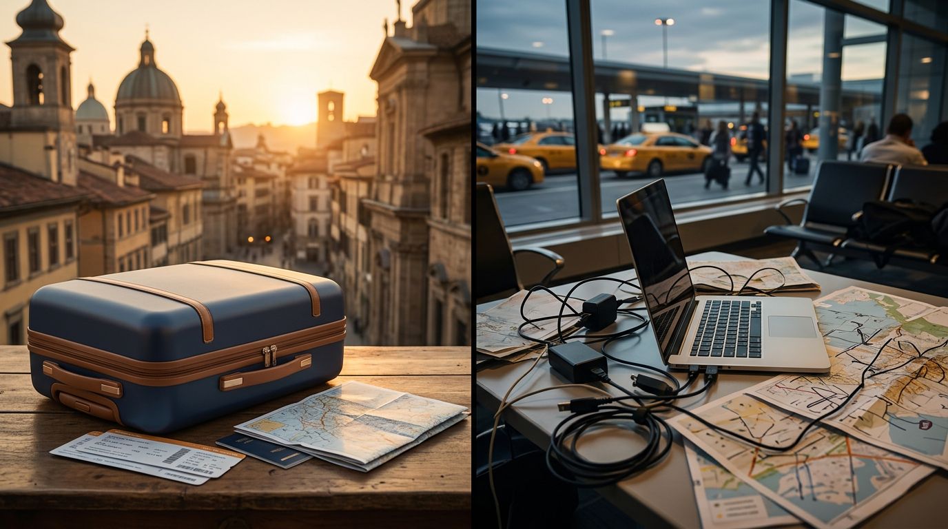 Split-screen showing an organized European trip beside a cluttered DIY travel setup.