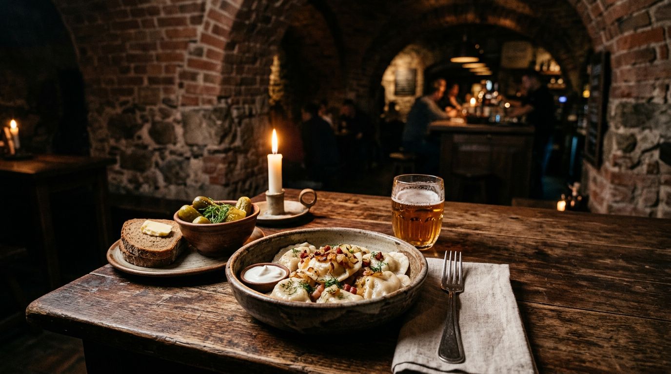 Pierogi, pickles, rye bread, and Polish beer on a candlelit cellar table.