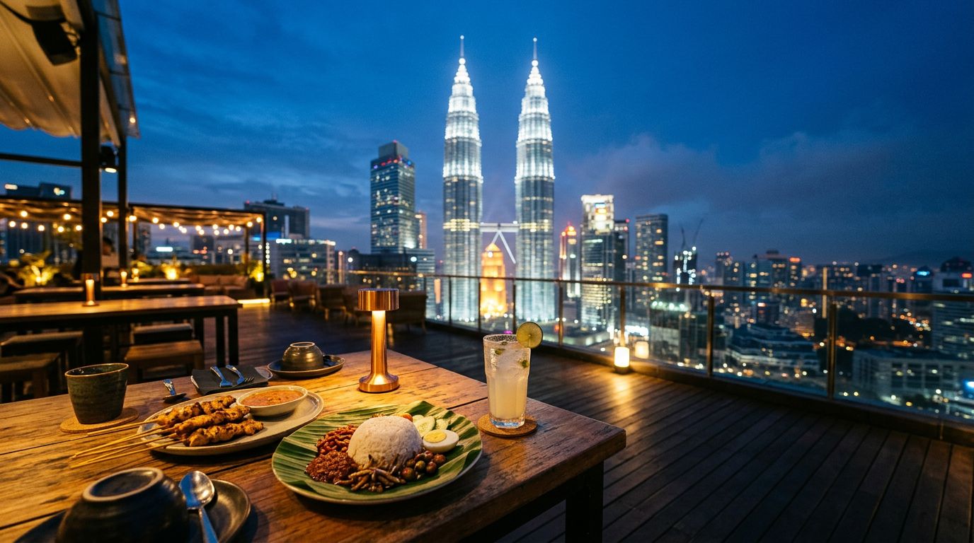 Rooftop table with satay, banana leaf rice, and the glowing Petronas Towers at twilight.