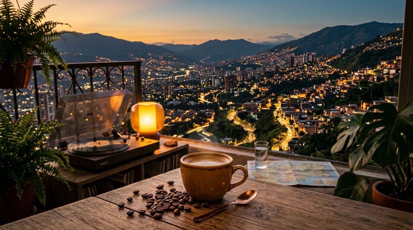 Coffee and beans overlook Medellín’s glowing hillside homes.