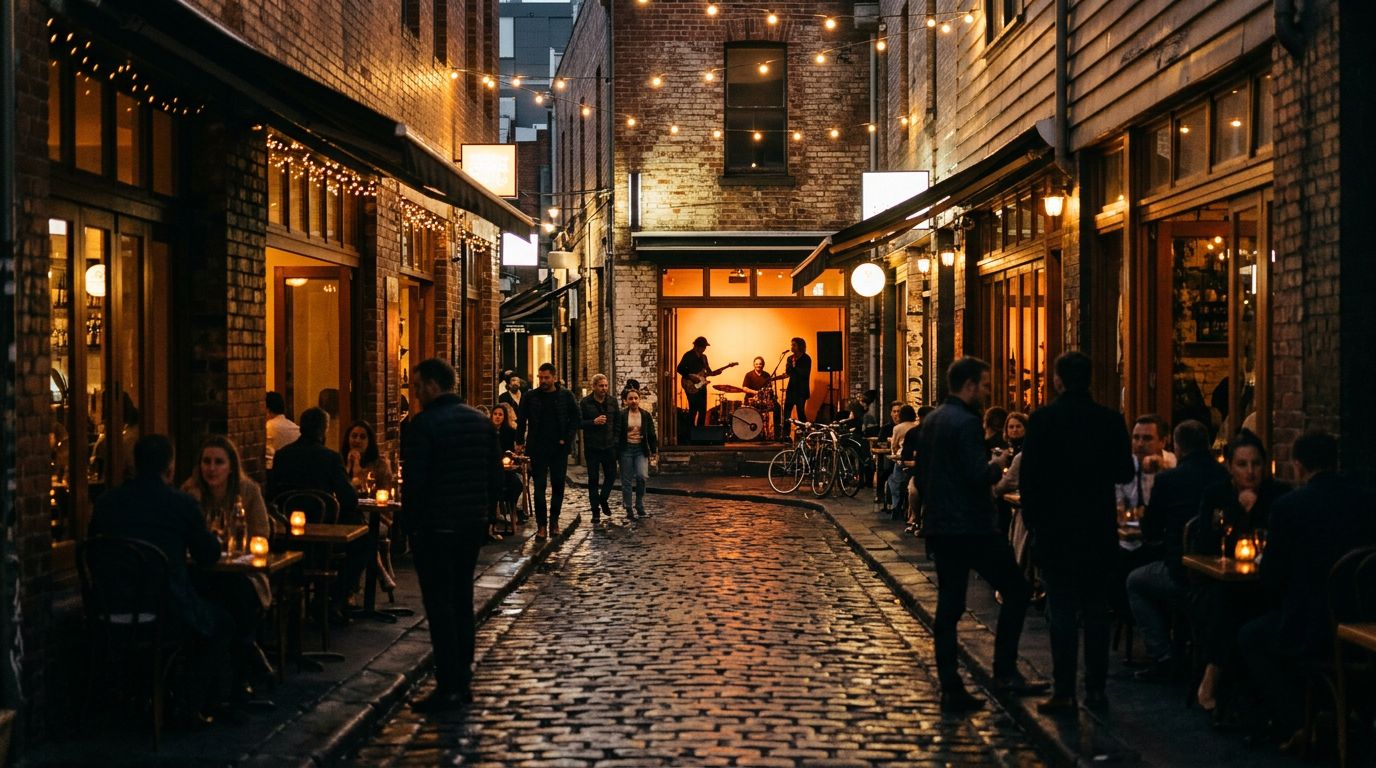 A wet Fitzroy laneway with glowing restaurants, wine bars, and live music.