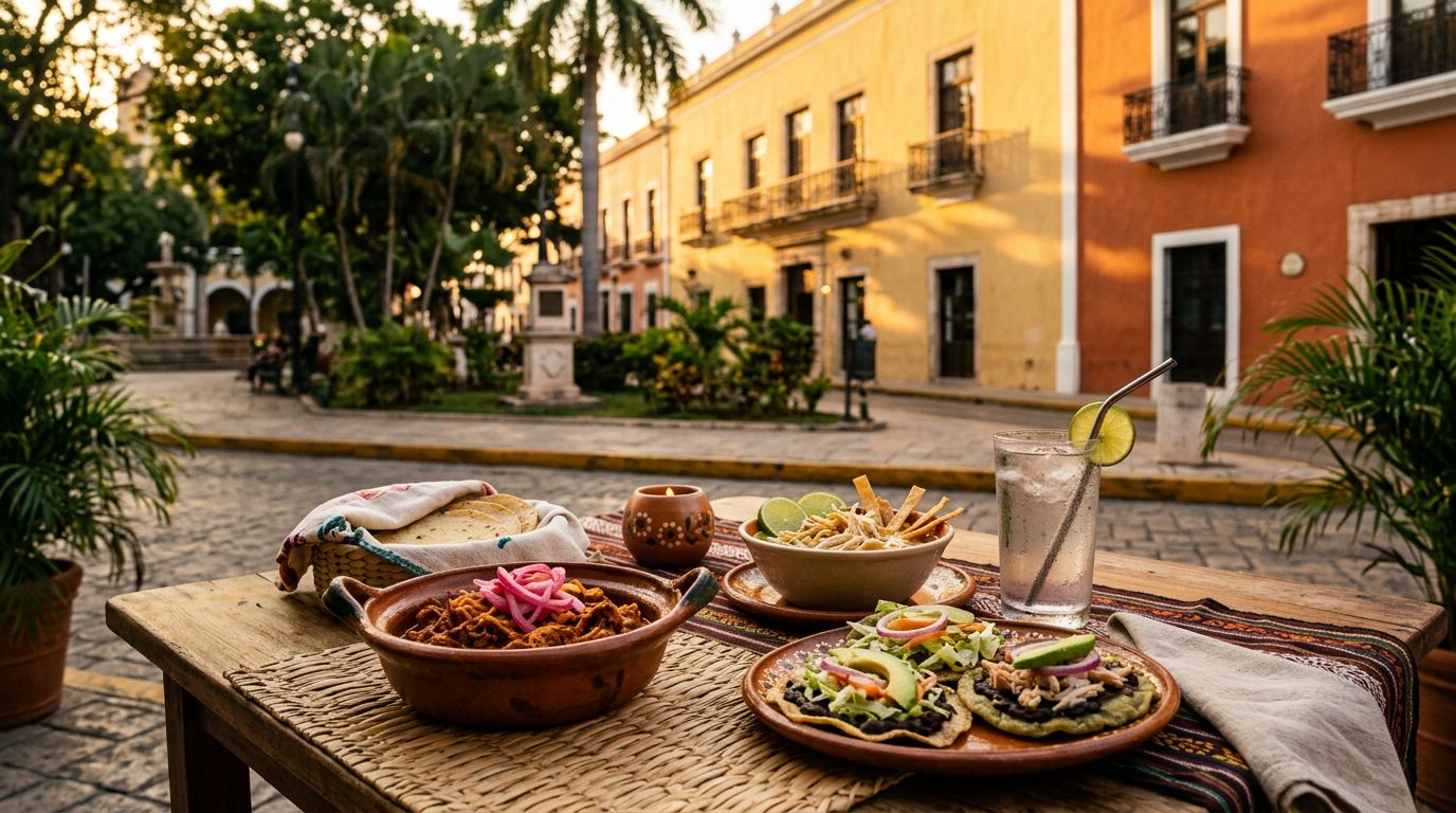 Yucatecan dishes and a chilled drink sit before Mérida’s colorful colonial plaza.