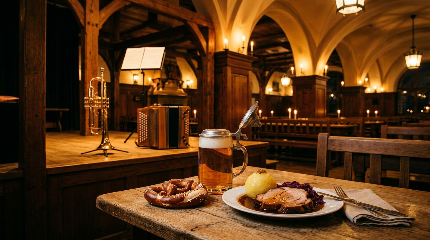 Beer stein and Bavarian dinner before a wooden stage with musical instruments.