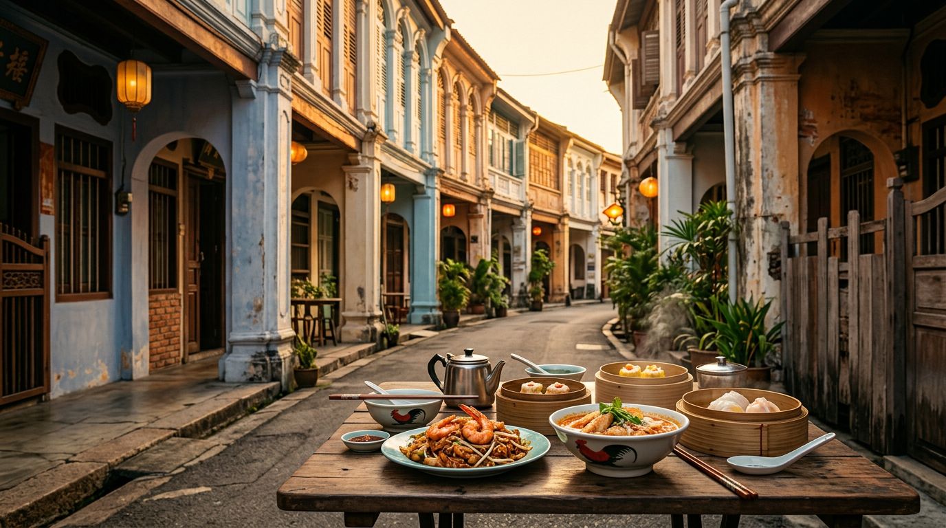 Penang street food sits before colorful heritage shophouses at golden hour.