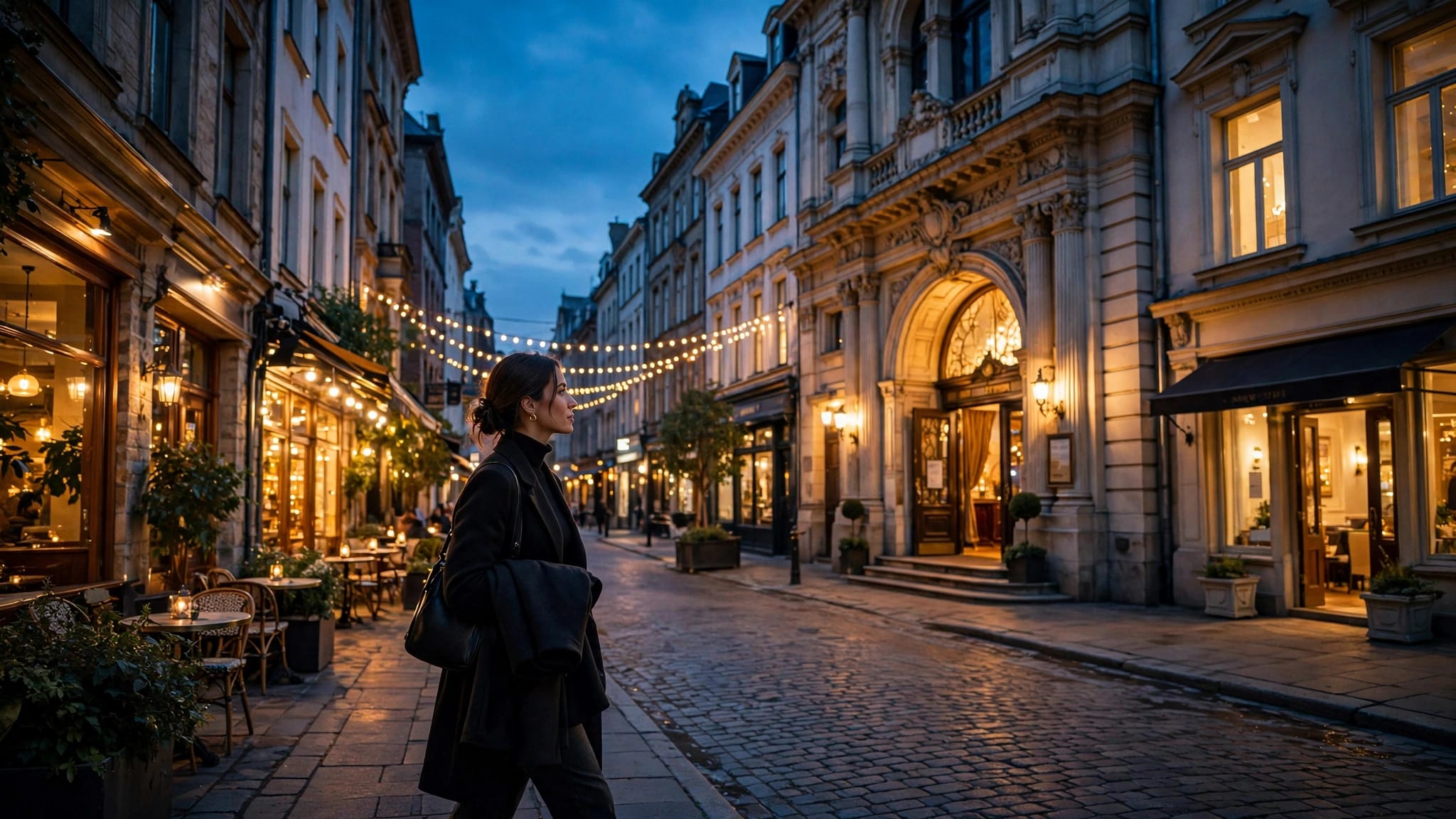 A traveler walks toward a historic theatre beside cafés and a boutique hotel.