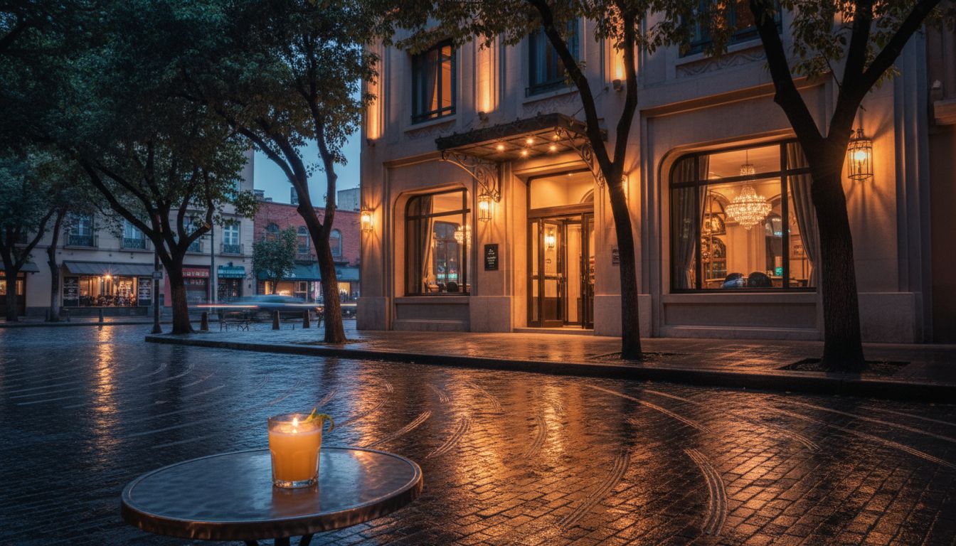 A warmly lit hotel entrance with trees, wet pavement, and a cocktail table in Roma Norte.