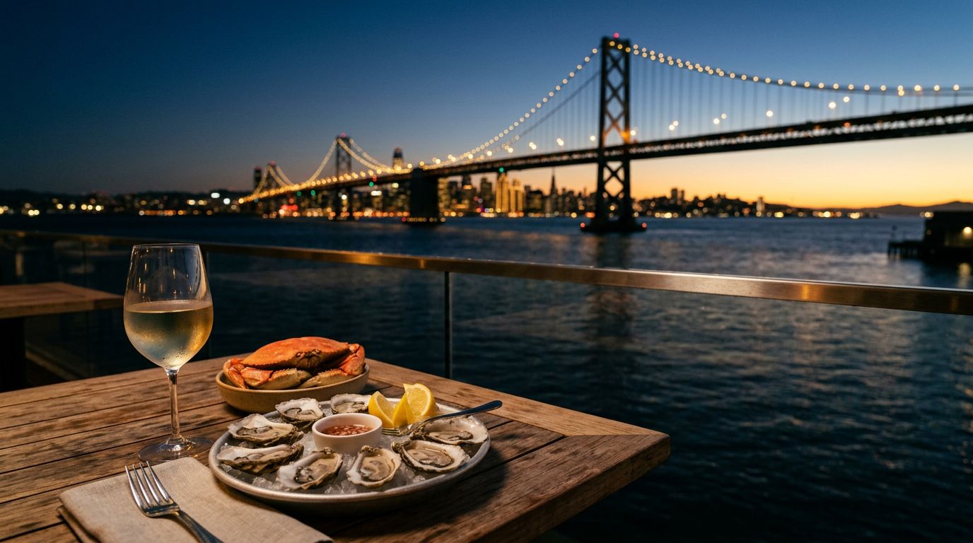Seafood dinner with oysters and crab overlooking San Francisco Bay Bridge.