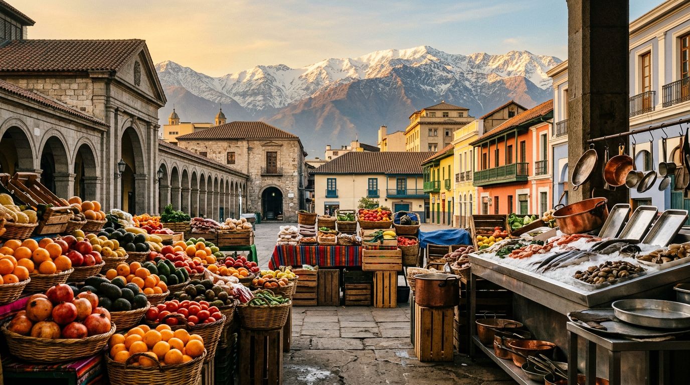 A colorful Santiago market with historic buildings and snow-capped Andes in the distance.