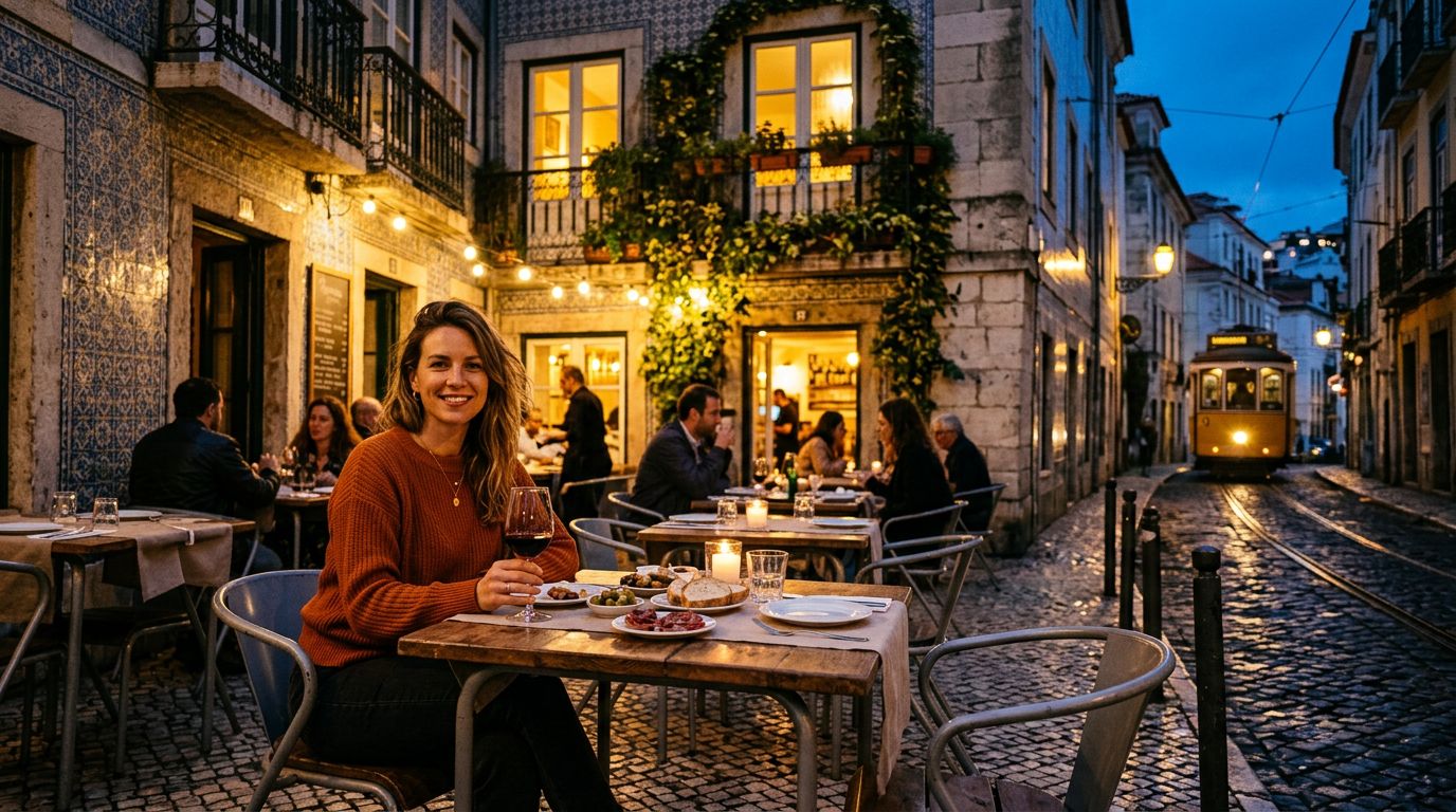 A smiling traveler dining on a Lisbon terrace beneath glowing windows.