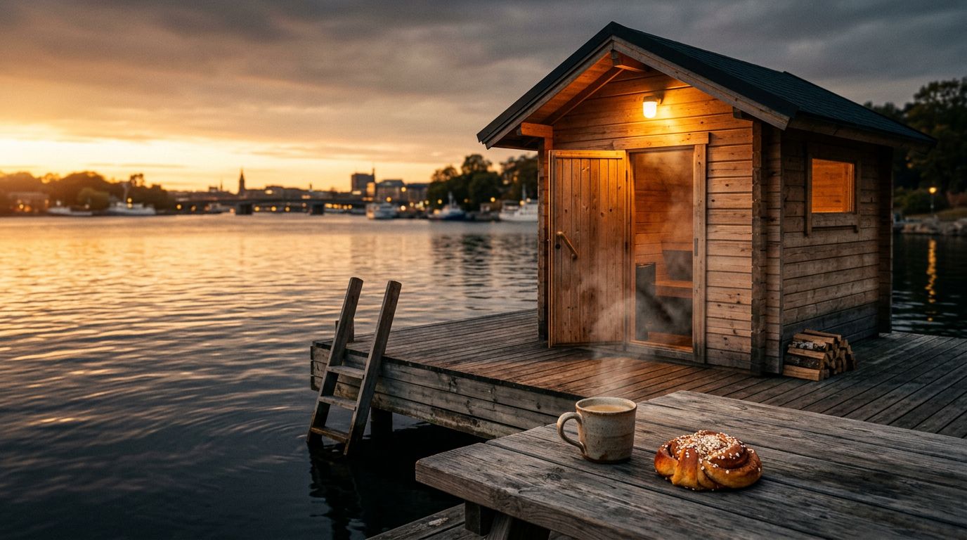 A wooden sauna by calm water with coffee and a cinnamon bun in the foreground.