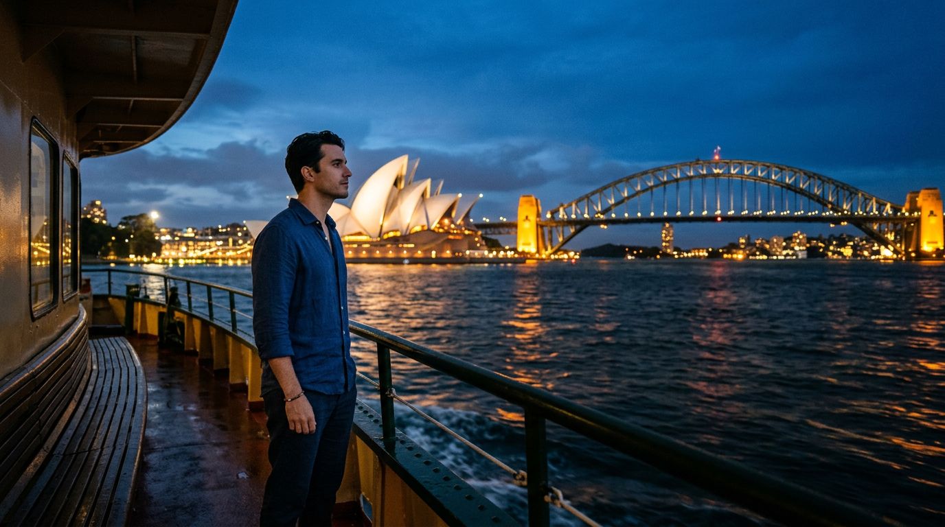 Traveler on a ferry viewing Sydney Opera House and Harbour Bridge at dusk.