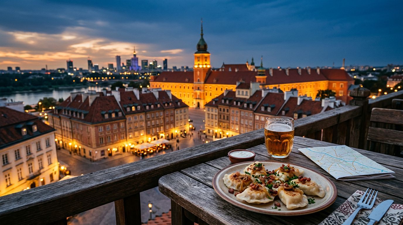 Pierogi, Polish beer, and a folded map sit before Warsaw’s glowing Old Town.