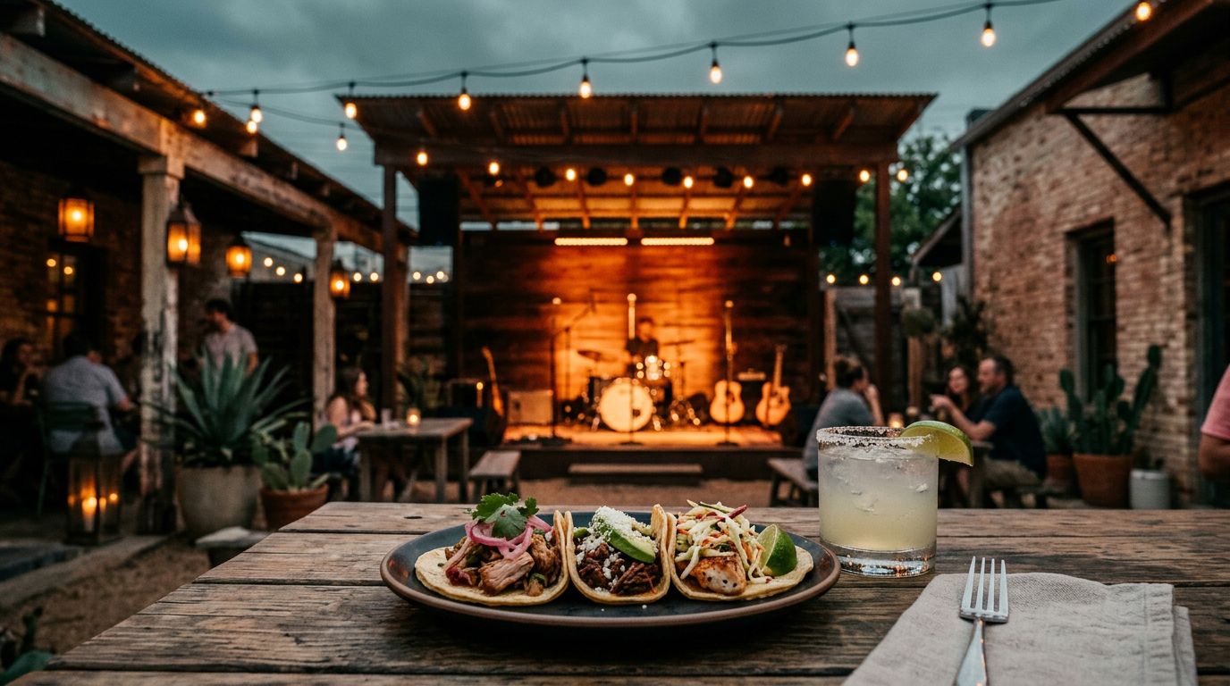 Tacos and a chilled drink sit before a softly lit live-music stage.