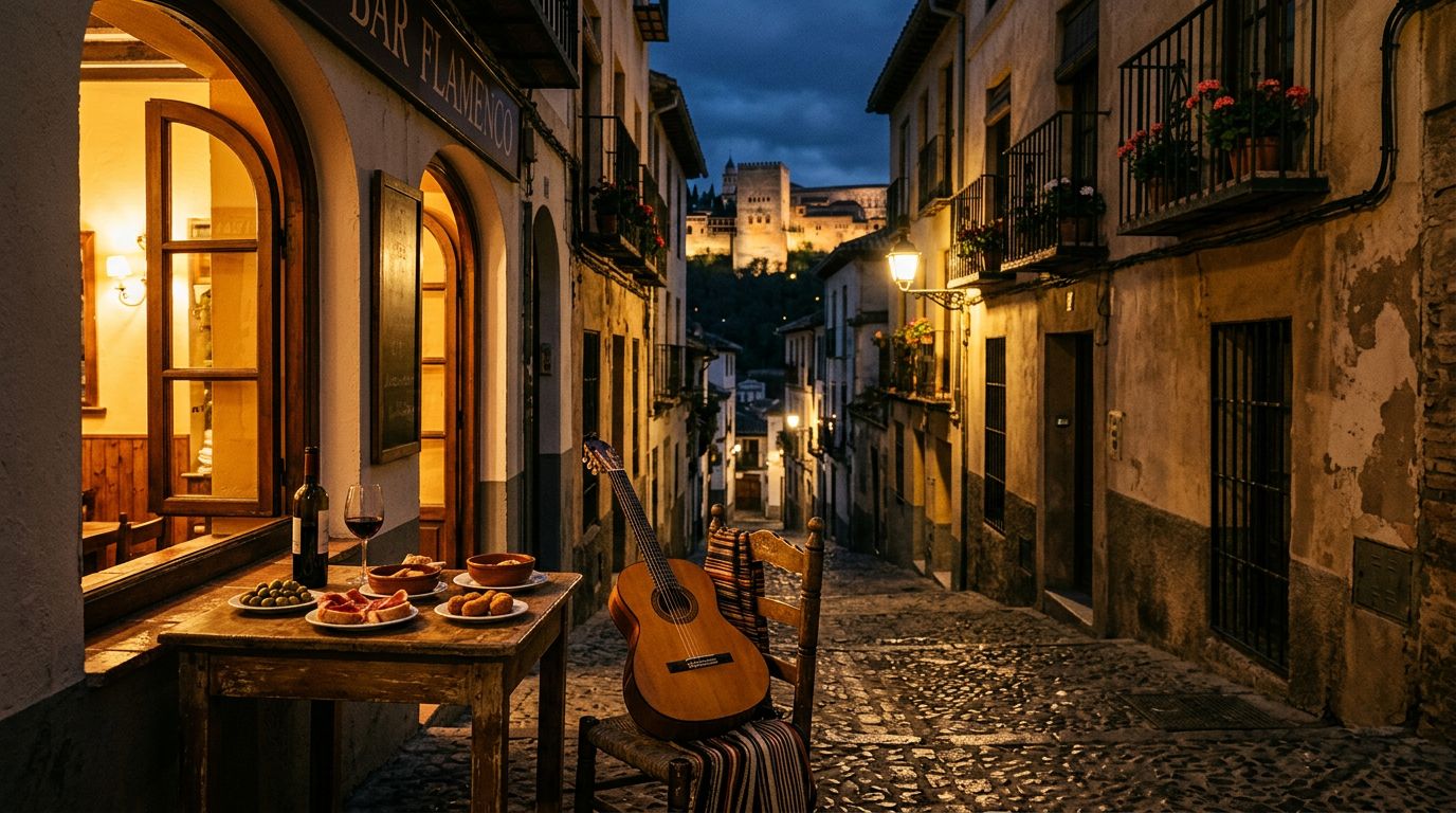 A Granada tapas bar with wine, a guitar, and the Alhambra in the distance.
