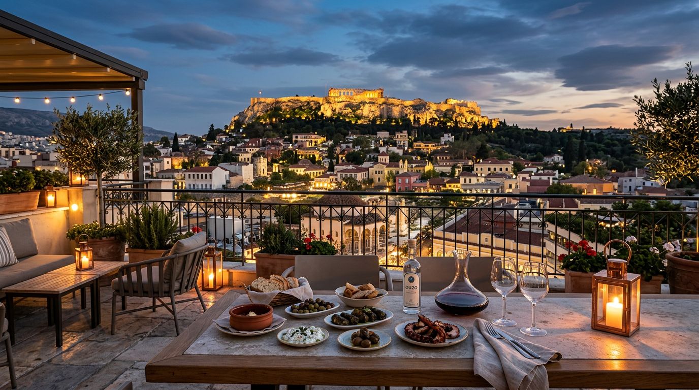A rooftop table with Greek food overlooks the glowing Acropolis at twilight.