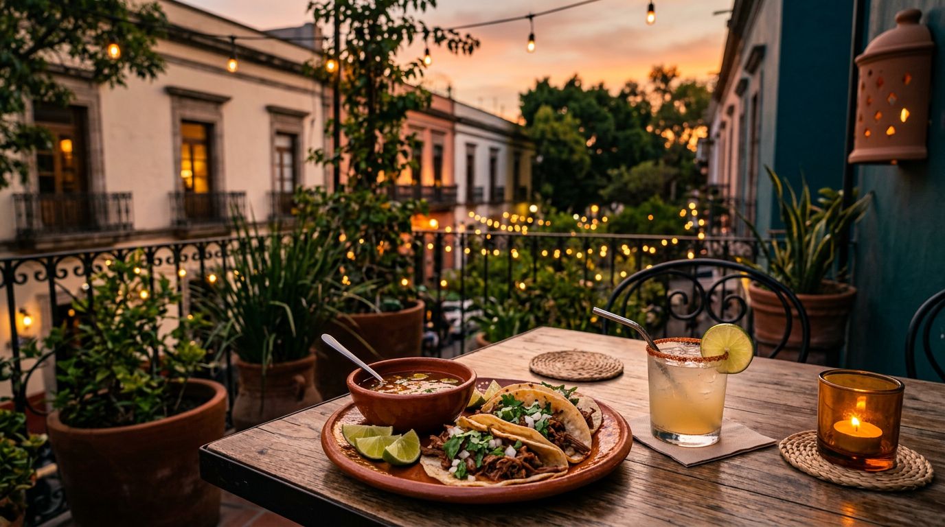 Birria tacos, lime wedges, and a tequila cocktail on a rooftop table in Guadalajara.