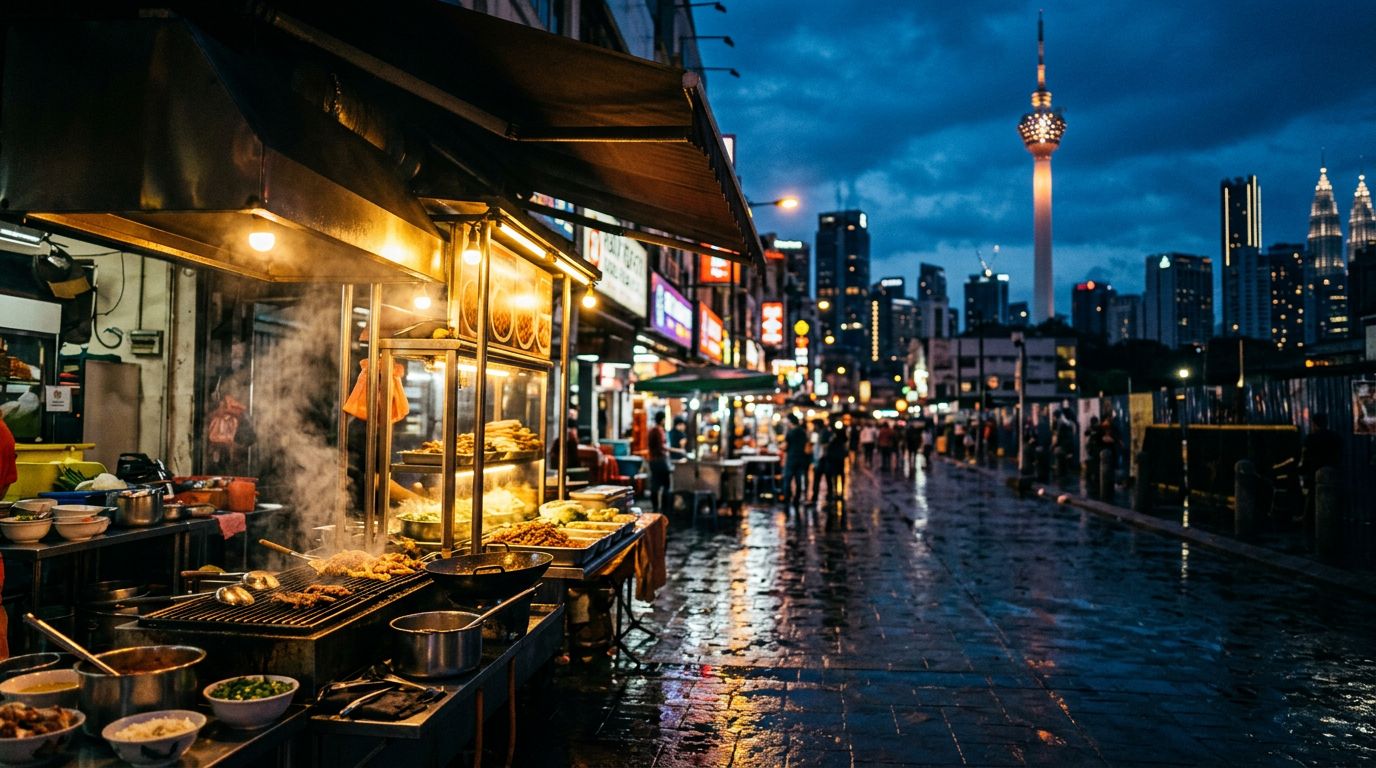 A glowing Kuala Lumpur food stall leads toward a rooftop bar beneath KL Tower.