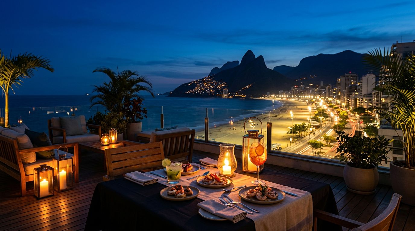 A rooftop dinner setting overlooks Ipanema beach and Dois Irmãos mountain at blue hour.