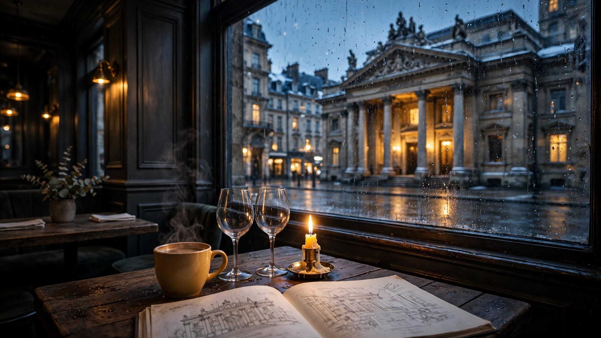 A candlelit café table overlooks a historic café and concert hall through a rainy window.
