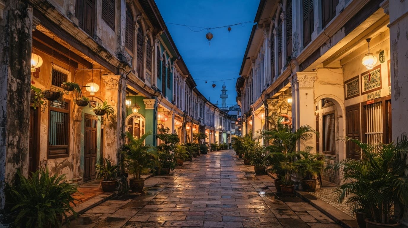 A lantern-lit heritage street with restored shophouses at blue hour.