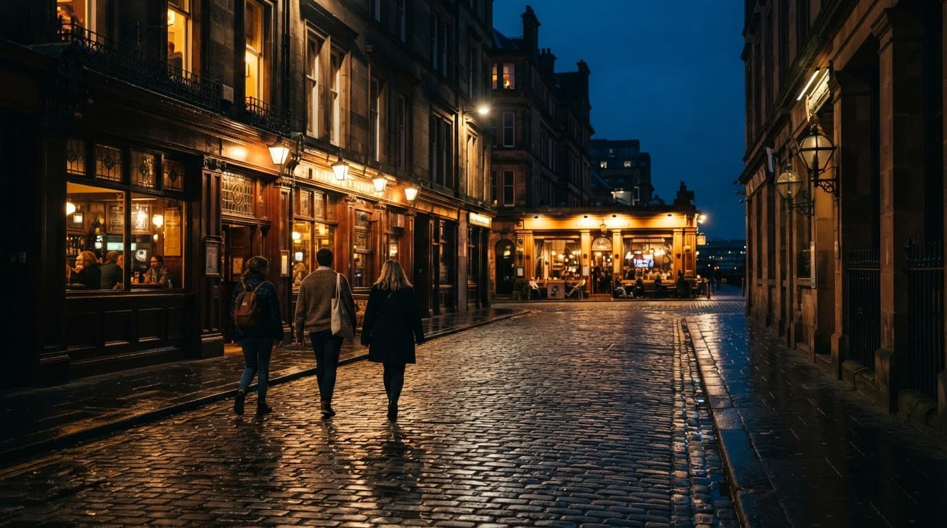 Three travelers walk past glowing pubs toward a restaurant on a wet Glasgow street.