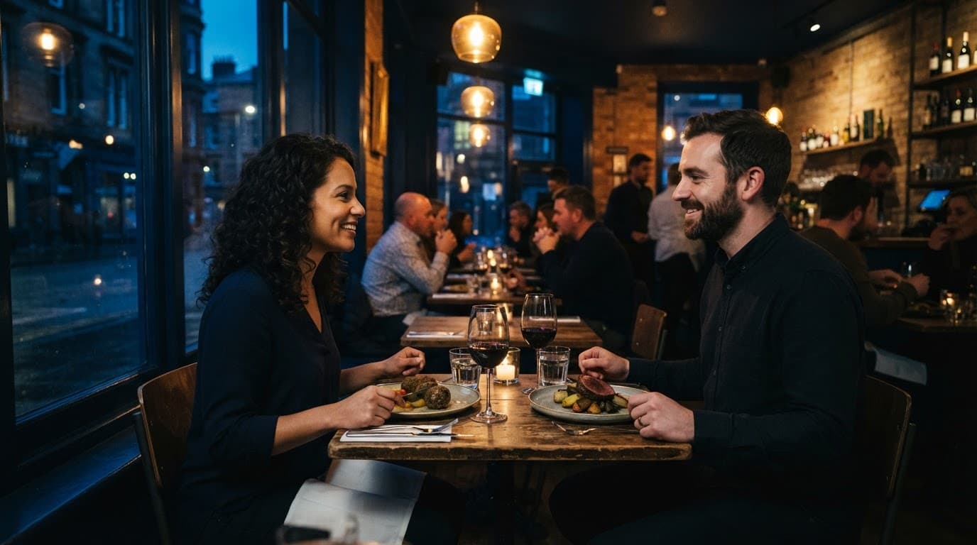 Illustrative AI image, not a photograph of the named venue, showing two travelers enjoying Scottish food and drinks in a warmly lit Glasgow restaurant.
