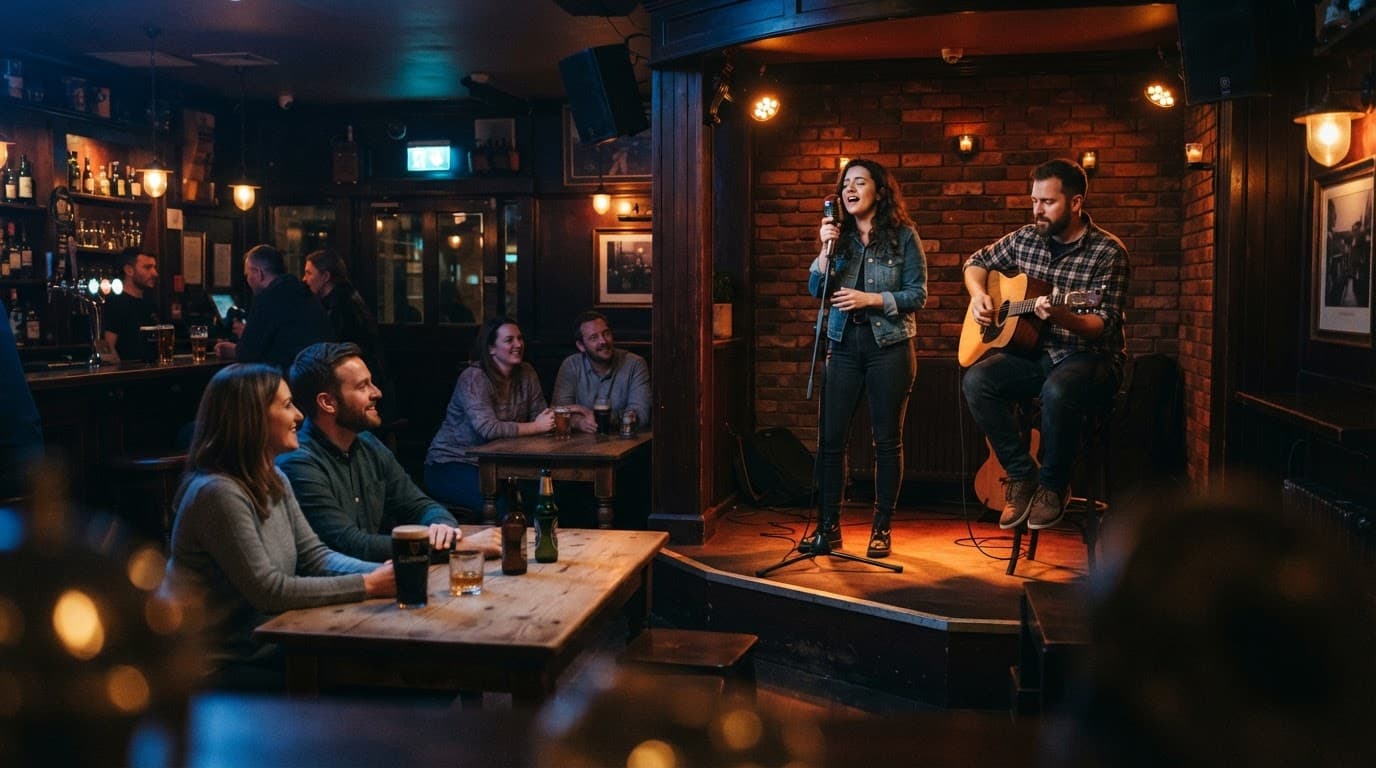 Singer and guitarist perform for five people in a cozy Glasgow pub.