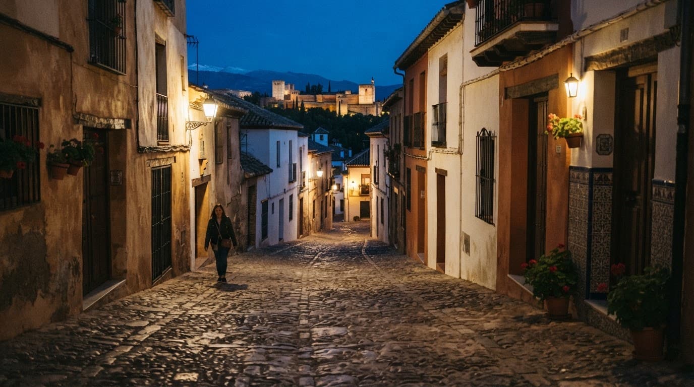 Cobblestone Albaicín streets glow under warm lights at dusk.