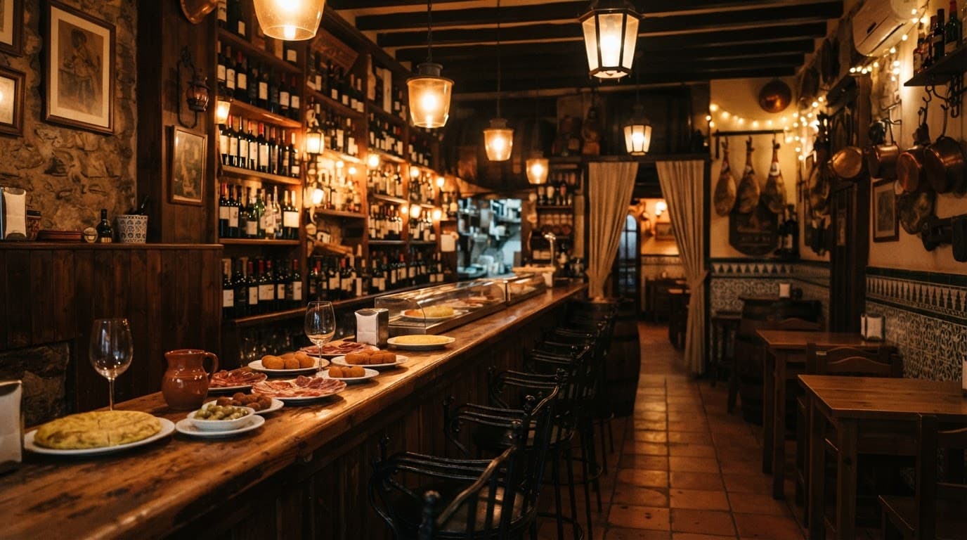 A cozy Spanish tapas bar with a wooden counter and warm amber lighting.