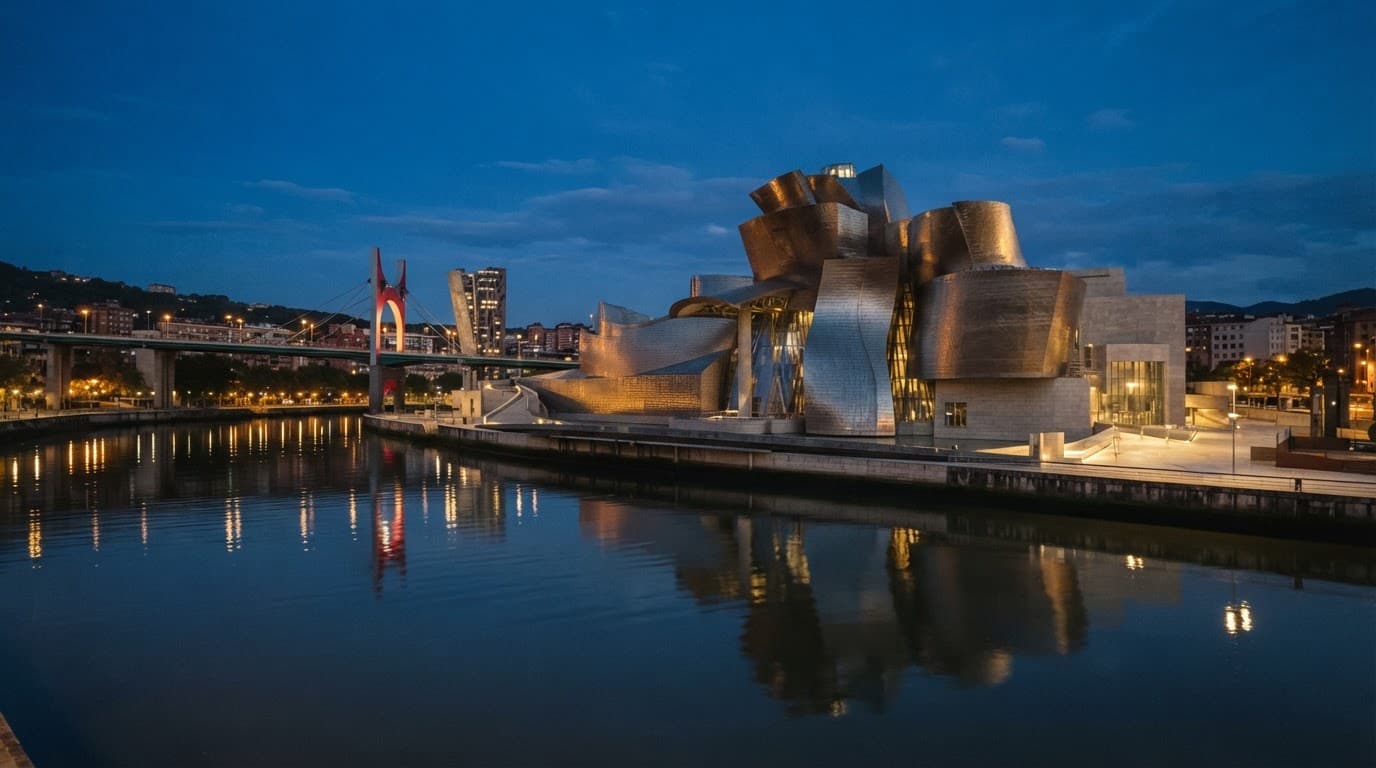 The Guggenheim Museum Bilbao beside the Nervion River at sunset.