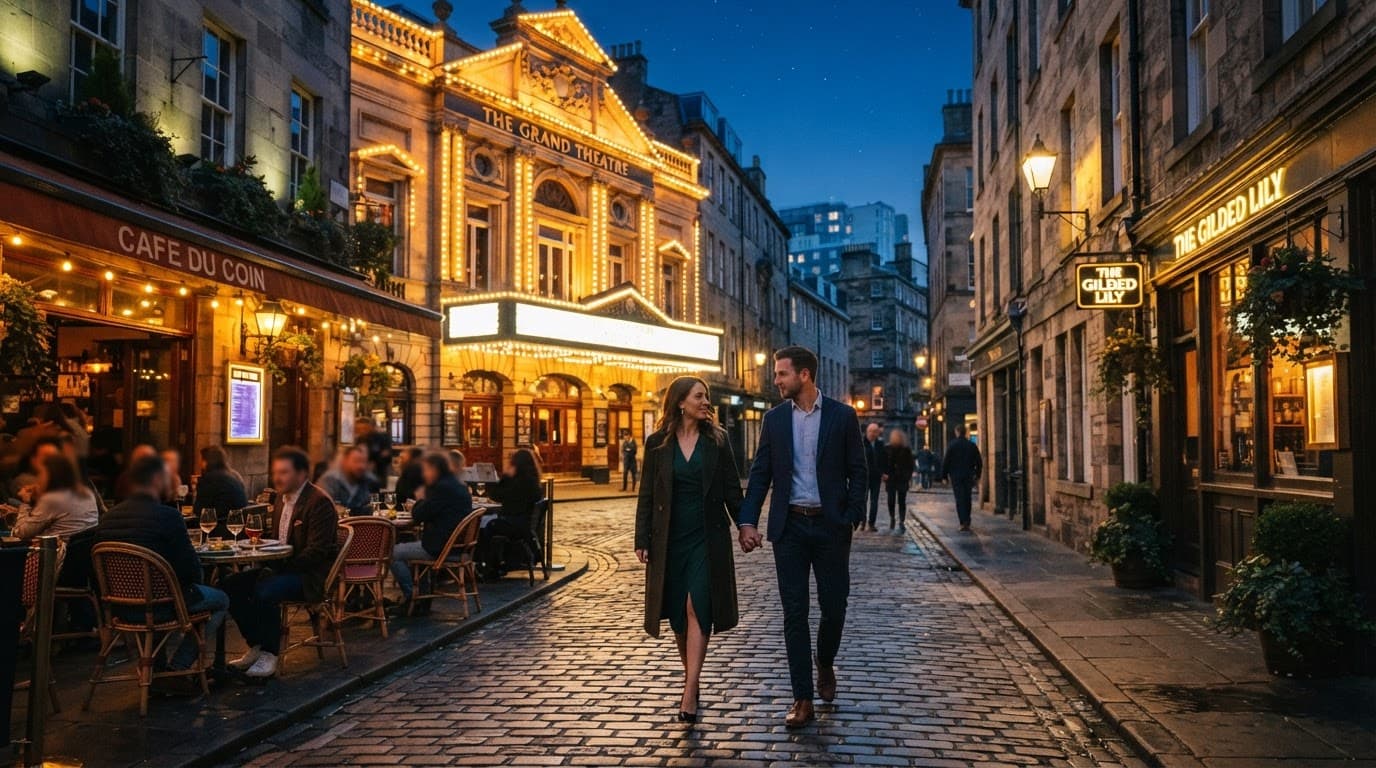 A couple walks past cafes toward a warmly lit theatre at blue hour.