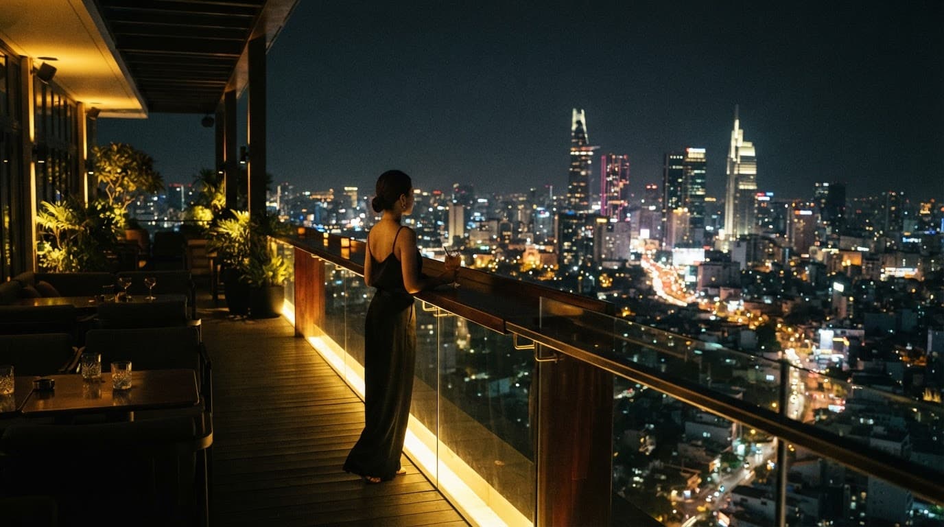 One person stands by a glass railing at a warmly lit rooftop bar above Ho Chi Minh City.