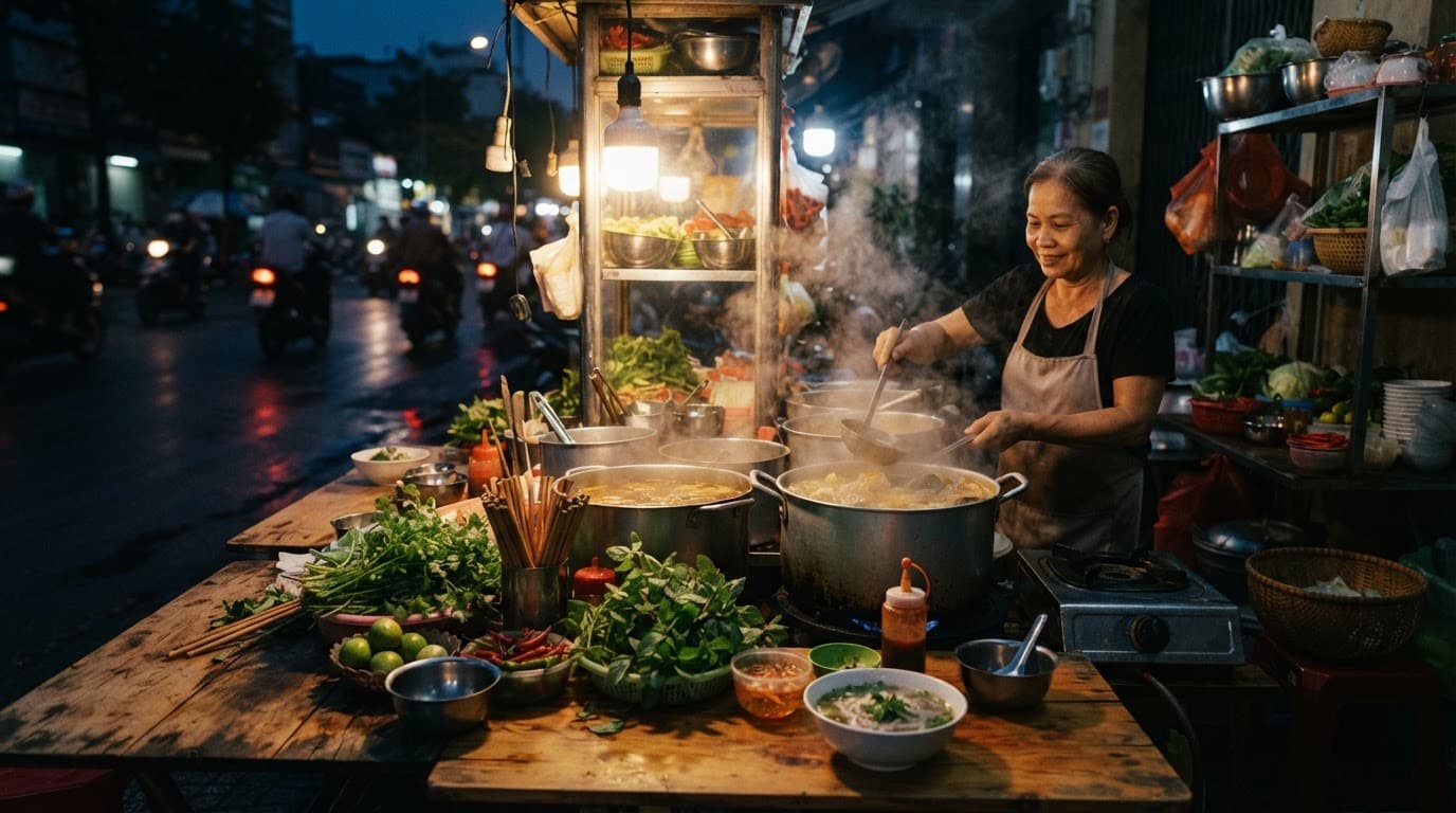 A vendor serves steaming broth beside herbs at a glowing market stall.