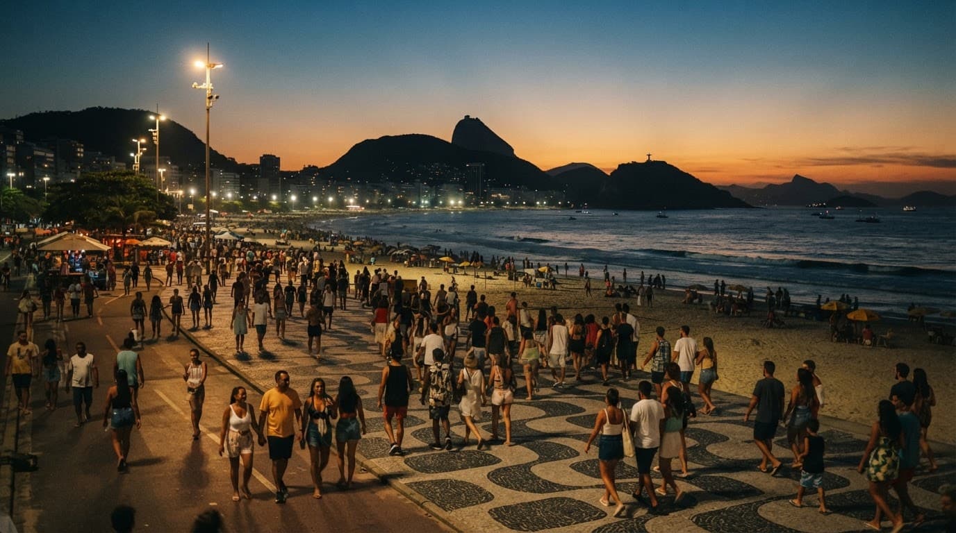 People stroll along Ipanema Beach promenade at dusk under warm yellow light.