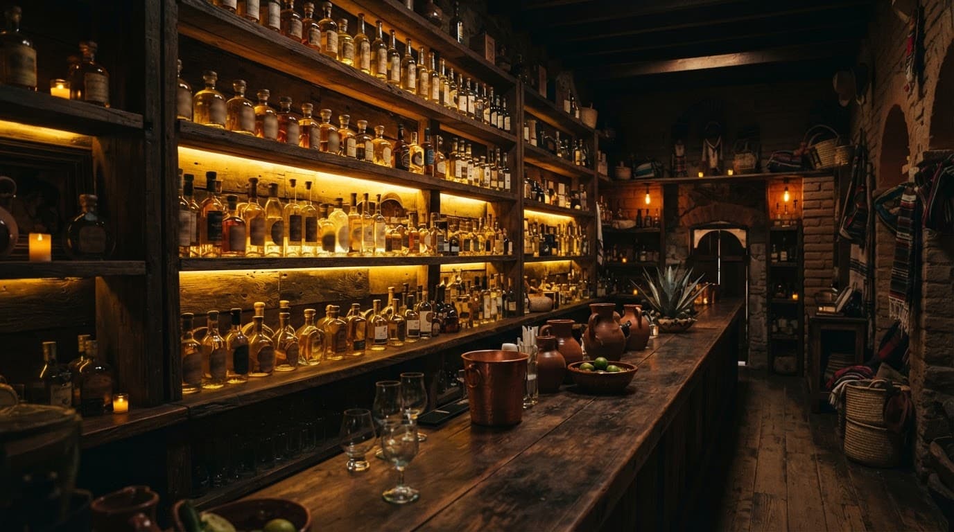 Amber tequila bottles on wooden shelves in a dimly lit bar.