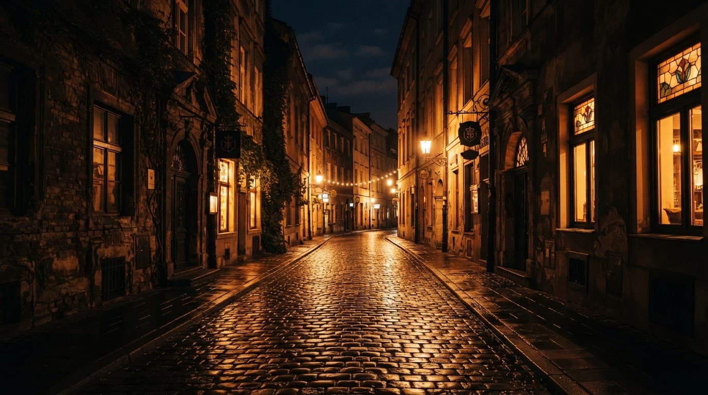 Wet cobblestone street with glowing pub windows in Krakow's Kazimierz district.