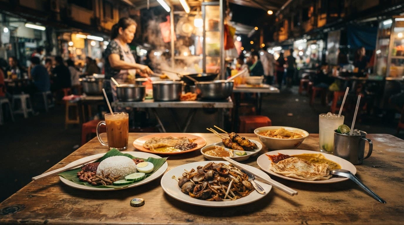 Malaysian street foods and iced drinks fill a table at a lively night market.