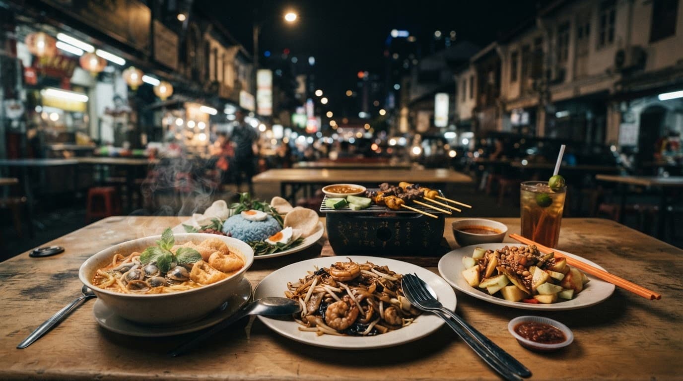 Malaysian dishes steaming on a hawker center table at night.