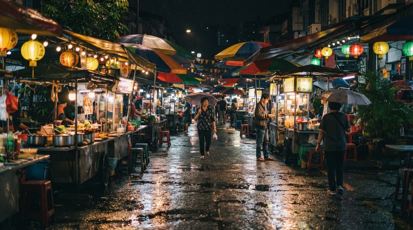 Three people browse Malaysian food carts beneath umbrellas on a rainy Kuala Lumpur street.