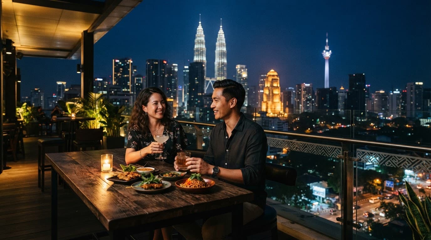 A couple enjoys cocktails and small plates above Kuala Lumpur at night.