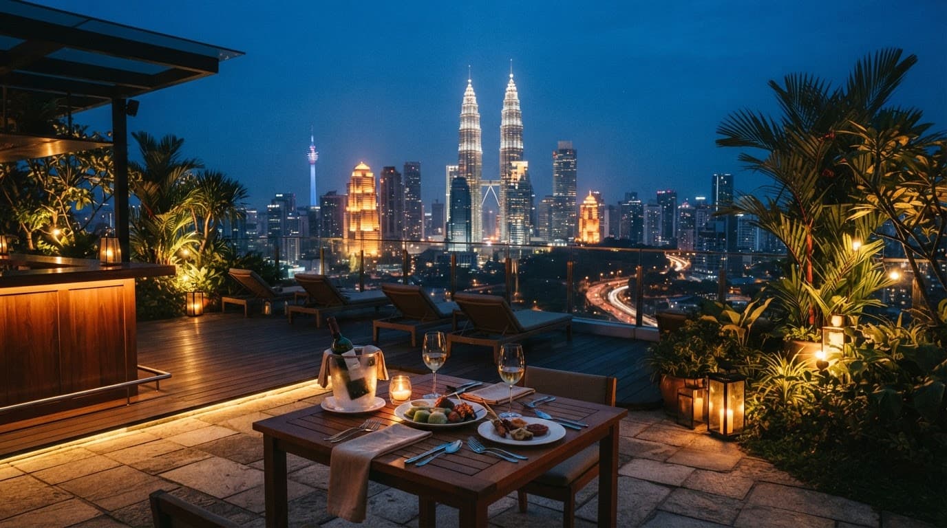 Rooftop table with Malaysian dishes and drinks overlooking Kuala Lumpur's glowing skyline.