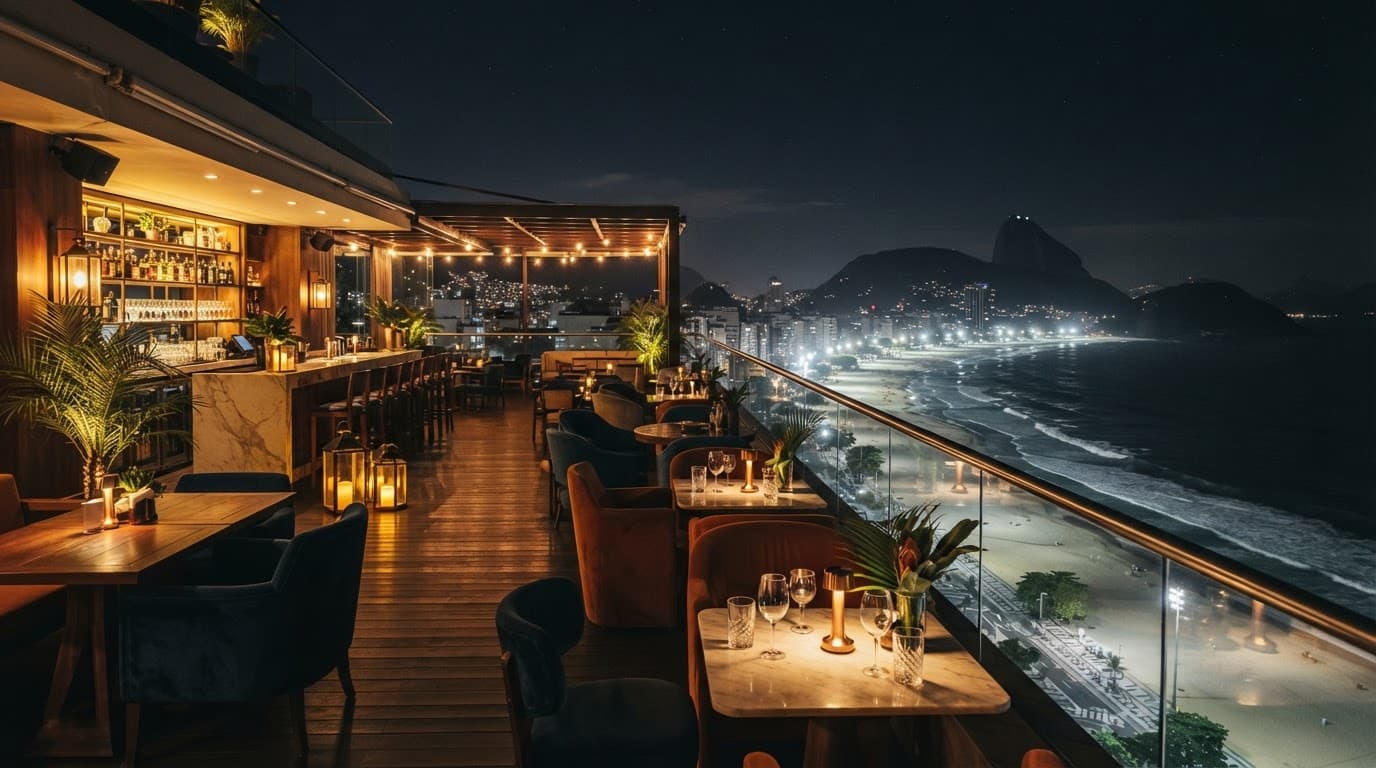 An empty rooftop cocktail bar overlooking Rio's ocean and city lights at night.