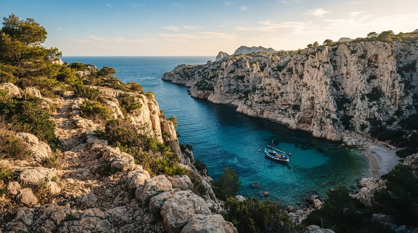 A fishing boat near rocky coves along the blue Marseille coastline.