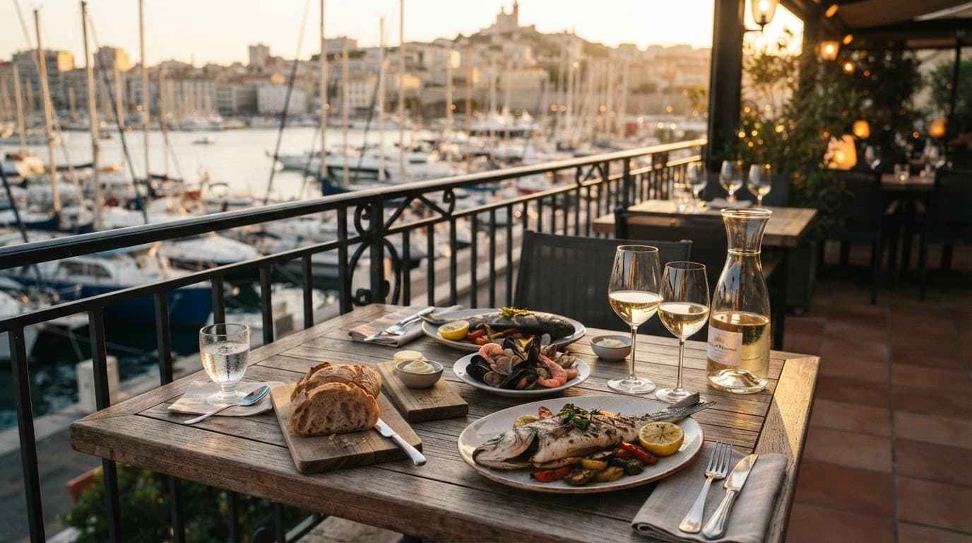 Seafood, wine, and harbor dishes served for two beside Marseille's harbor.
